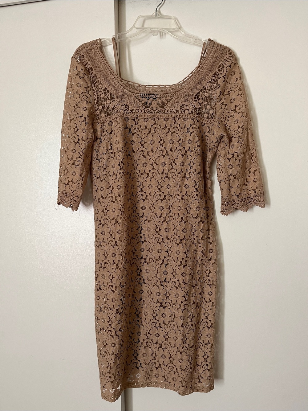 Lace Crochet Sheath Dress in Taupe